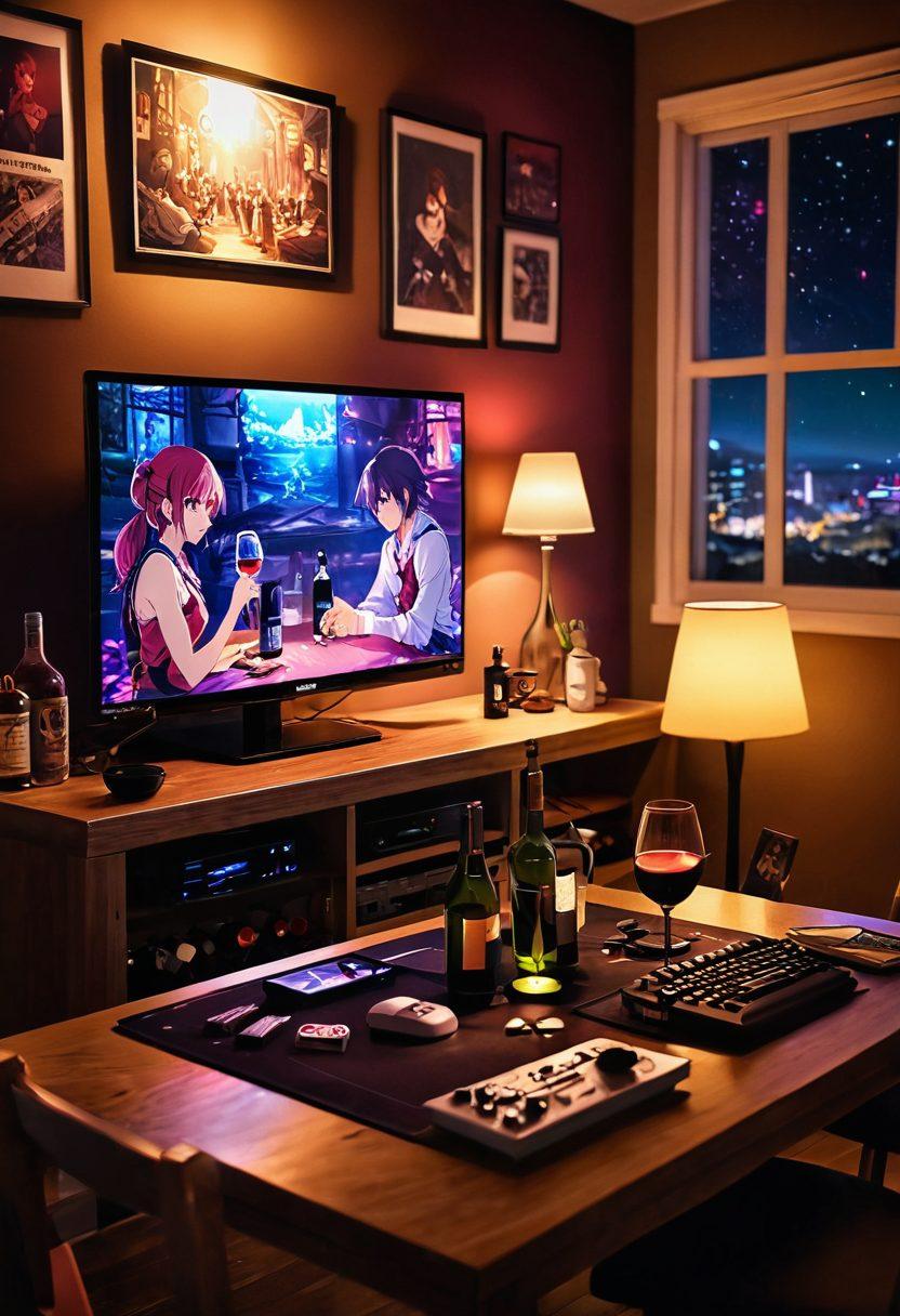 A cozy gaming room setting featuring a vibrant collection of anime characters engaged in a gaming session, with a bottle of elegant wine and two glasses on a nearby table. Soft ambient lighting casts a warm glow, enhancing the details in the characters' expressions and the rich color of the wine. Background includes gaming consoles and anime posters to enrich the theme. painterly style. vibrant colors. cozy atmosphere.