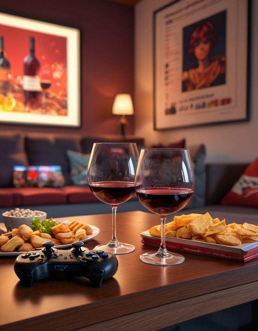 A cozy gaming setup featuring a stylish wine glass filled with a rich red wine, alongside snacks and a gaming controller. In the background, anime posters and vibrant game art create an immersive atmosphere. Soft, warm lighting enhances the relaxing vibe, inviting viewers to explore the fusion of gaming and fine wine. super-realistic. vibrant colors. cozy ambiance.